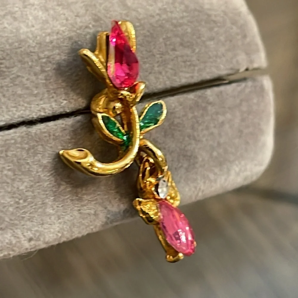 Vintage Tulip with a Dangling Angel Charm Gold-tone with Pink Rhinestones